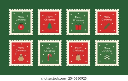 A set of December Christmas concept stamp, post, mail illustration designs. Simple icons of tree, decoration, ornament, snow, berrie, gift, cane, bell, branche, ball. and 'Merry Christmas' typography.