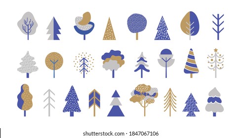 Conjunto de árboles caducifolios y coníferas de colores dorados, plateados y azules. El bosque de invierno con un estilo geométrico sencillo. Elementos de diseño para tarjetas y banners de Navidad y Año Nuevo al estilo escandinavo.