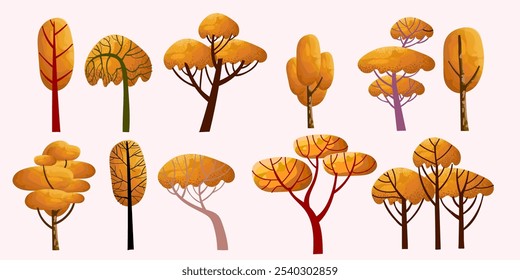 Set of deciduous and evergreen trees plants forest element vector illustration. Botanical and nature collection isolated on white background.