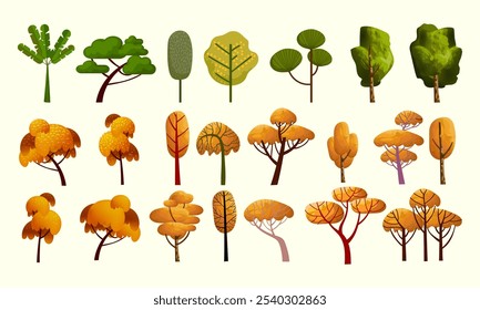 Set of deciduous and evergreen trees plants forest element vector illustration. Botanical and nature collection isolated on white background.
