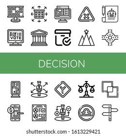 Set of decision icons. Such as Planning, Online voting, Legal, Task list, Checked box, Intersection, Strategy, Plan, Junction, Guidepost, Auction, Decision, Voting , decision icons