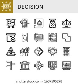 Set of decision icons. Such as Planning, Strategy, Auction, Plan, Scale, Checked box, Task list, Voting, Intersect, Intersection, Strategic, Junction, Confused , decision icons