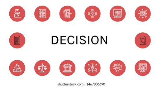 Set of decision icons such as Scale, List, Auction, Junction, Online voting, Planning, Intersection, Legal, Decision, Confused, Plan , decision