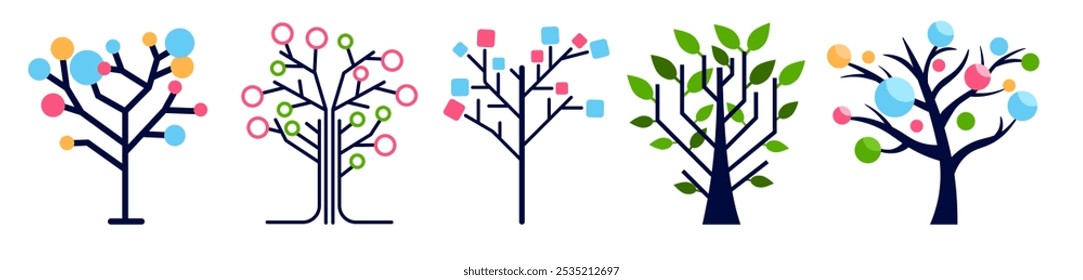 Set of decisions trees in abstract colorful style with geometric elements. Simple icon of tree.