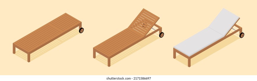 Dispone de una tumbona o de un salón de chaise en diferentes posiciones. Idea de verano. Ilustración isométrica plana 3d. Vector aislado para presentación, infografía, sitio web, aplicaciones y otros usos.
