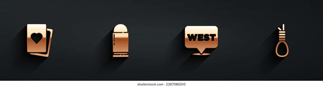 Set Deck of playing cards, Bullet, Pointer to wild west and Gallows rope loop hanging icon with long shadow. Vector