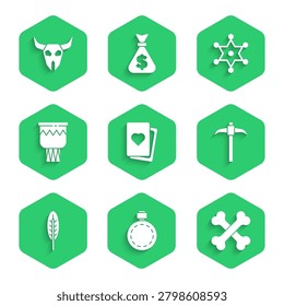 Set Deck of playing cards, Canteen water bottle, Crossed human bones, Pickaxe, Indian feather, Drum, Hexagram sheriff and Buffalo skull icon. Vector