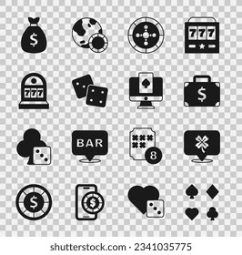 Set Deck of playing cards, Casino slot machine with clover, Briefcase and money, roulette wheel, Game dice, Slot jackpot, Money bag and Online poker table game icon. Vector