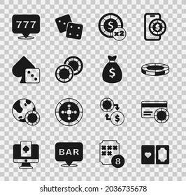 Set Deck of playing cards, Credit, Casino chips, Game dice, Slot machine with jackpot and Money bag icon. Vector
