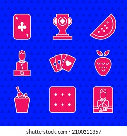 Set Deck of playing cards, Game dice, Casino dealer, slot machine with strawberry, Champagne an bucket, watermelon and Playing clubs icon. Vector