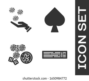 Set Deck of playing cards, Hand holding casino chips, Casino chips, game dice and glass of whiskey with ice cubes and Playing card with spades symbol icon. Vector