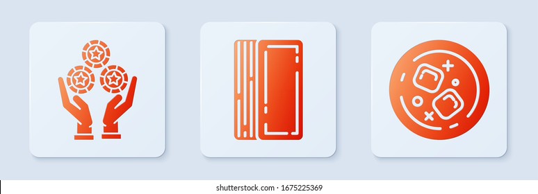 Set Deck of playing cards, Hand holding casino chips and Glass of whiskey and ice cubes. White square button. Vector