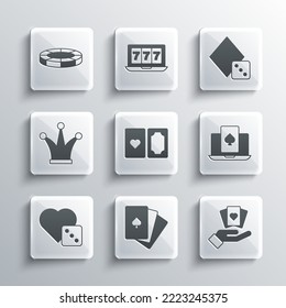 Set Deck of playing cards, Hand holding, Online poker table game, Game dice, Joker, Casino chips and  icon. Vector