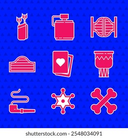 Set Deck of playing cards, Hexagram sheriff, Crossed human bones, Drum, Smoking pipe, Saloon door,  and Quiver with arrows icon. Vector