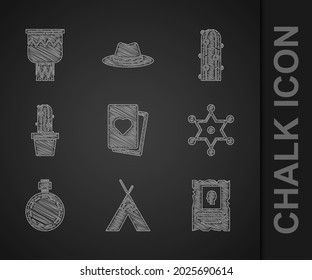 Set Deck of playing cards, Indian teepee or wigwam, Wanted western poster, Hexagram sheriff, Canteen water bottle, Cactus peyote pot,  and Drum icon. Vector