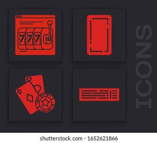 Set Deck of playing cards, Online slot machine with lucky sevens jackpot, Playing card back and Casino chip and playing cards icon. Vector