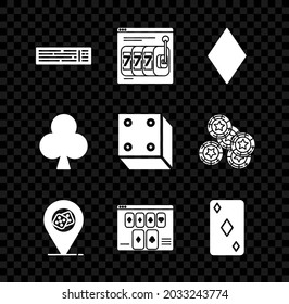Set Deck of playing cards, Online slot machine with lucky sevens jackpot, Playing diamonds symbol, Casino location, poker table game, clubs and Game dice icon. Vector