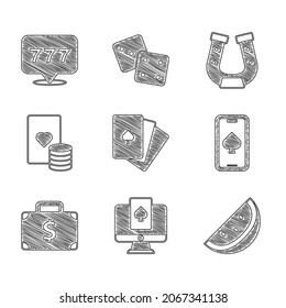 Set Deck of playing cards, Online poker table game, Casino slot machine with watermelon, Briefcase and money, chip, Horseshoe and Slot jackpot icon. Vector