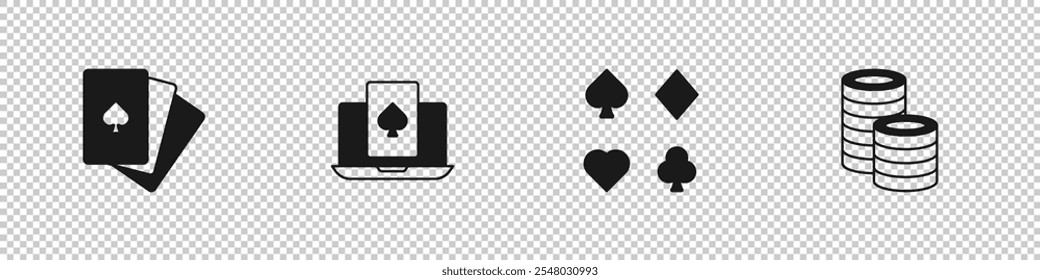 Set Deck de cartas de jogo, jogo de mesa de poker online e ícone de fichas de Casino. Vetor