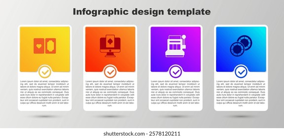 Set Deck of playing cards, Online poker table game, Slot machine and Casino chips. Business infographic template. Vector