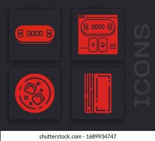 Set Deck of playing cards, Poker table, Online poker table game and Glass of whiskey and ice cubes icon. Vector