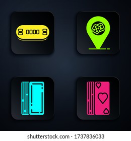 Set Deck of playing cards, Poker table, Deck of playing cards and Casino location. Black square button. Vector