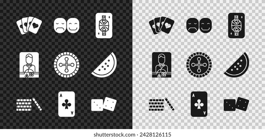 Set Deck of playing cards, Poker player, King with diamonds, Casino chips, Playing clubs, Game dice, dealer and roulette wheel icon. Vector