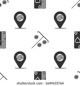 Set Deck of playing cards, Stick for chips and Casino location on seamless pattern. Vector