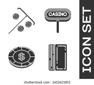Set Deck of playing cards, Stick for chips, Casino chip with dollar symbol and Casino signboard icon. Vector
