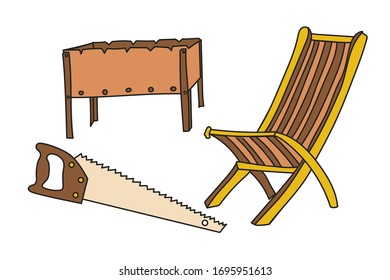 Set von Liegestühlen, Grill-BBQ und sah bunte Vektorillustration Linie Symbol einzeln auf weißem Hintergrund.