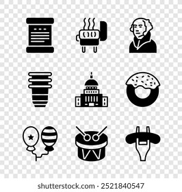 Set Declaration of independence, Barbecue grill, George Washington, Balloons, Drum and drum sticks, Sausage the fork, Paper glass and White House icon. Vector