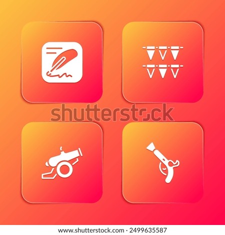 Set Declaration of independence, Carnival garland with flags, Cannon and Vintage pistols icon. Vector