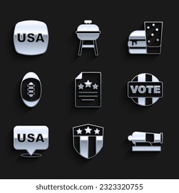 Declaración de independencia, Escudo con estrellas, Cannon, Vote, Día de la Independencia de Estados Unidos, Fútbol americano, Burger e ícono. Vector