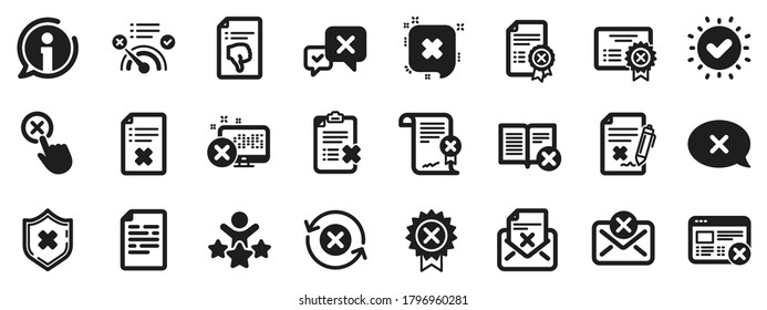 Set of Decline certificate, Cancellation and Dislike icons. Reject or cancel icons. Refuse, Reject stamp, Disapprove or cancel. Wrong agreement, delete certificate, checklist document. Vector