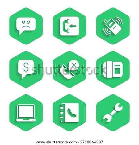 Set Declined or missed phone call, Phone book, Wrench spanner, Telephone handset, Laptop, Paid support, Mobile and Sad smile icon. Vector
