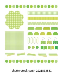 Set of deco icons and borders in green color and clover concept design. Various objects such as notes, labels, indexes, tongs, clips, pushpins and pins.