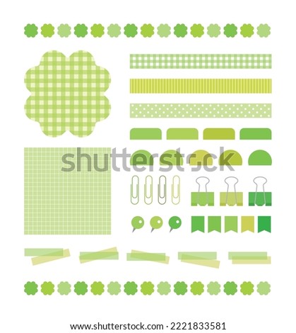 Set of deco icons and borders in green color and clover concept design. Various objects such as notes, labels, indexes, tongs, clips, pushpins and pins.
