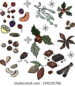 Set of decor elements for Christmas and New Year. For advertising, packaging, banners, cards, invitations, etc. Mistletoe, holly, chocolate, anise, berries, nuts, cinnamon, cocoa, coffee, etc.