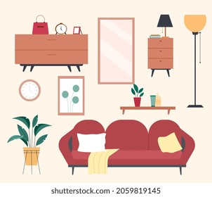 Conjunto de elementos decorativos. Colección de muebles para decorar el apartamento. Espejo, mesa, sofá, plantas, lámpara. Creación de confort. Dibujo vectorial plano de dibujos animados aislado en fondo blanco