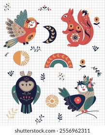 A set of decor elements in folk Scandinavian style. Vector illustration