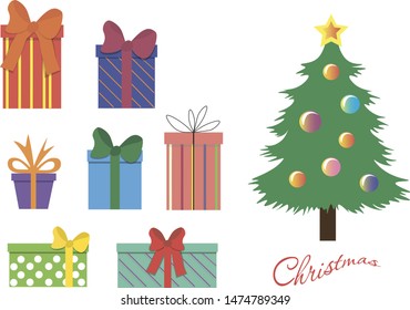 Set for the decor of gifts and Christmas tree with balls. Vector illustration.