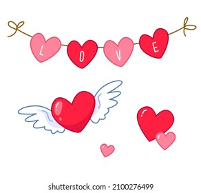 Set of decor for the holiday of all lovers. Garland with the inscription love and hearts in a cartoon cute style. Drawing for the wedding, Valentine's Day