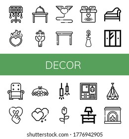 Set of decor icons. Such as Floor lamp, Heart, Table, Roses, Wedding gift, Vase, Divan, Wardrobe, Armchair, Flower crown, Ceiling lamp, Rose, Night stand, Fireplace , decor icons