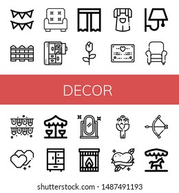 Set of decor icons such as Garlands, Fence, Armchair, Cabinet, Curtain, Rose, Jumper, Wedding certificate, Wall lamp, Heart, Merry go round, Closet, Full length mirror , decor