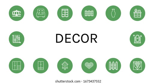 Conjunto de iconos decorativos. Tales como Merry go round, Armchair, Closet, Fence, Vase, Mesa de la Cama, Armario, Casa de Aves, Corazón, Cercas, Bow, Candlestick, Espejo de longitud completa , iconos decorativos