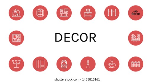Set of decor icons such as Rose, Winter, Kitchen, Night stand, Fence, Flower crown, Candle holder, Closet, Vase, Heart, Wardrobe, Brick , decor