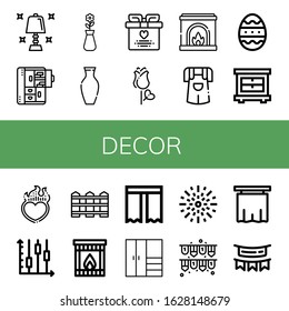 Set of decor icons. Such as Table lamp, Cabinet, Vase, Wedding gift, Rose, Fireplace, Jumper, Easter egg, Closet, Heart, Candlestick, Fence, Curtain, Fireworks, Garlands , decor icons