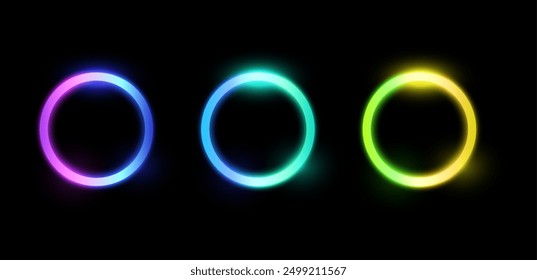 Set of decor Neon circles . Vector illustration of multi-colored glowing rings on a black background for bright visual effects and advertising materials.