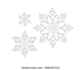 Schneeflocken im Dekor einzeln. Linienkunst, Konturzeichnung. Vektorgrafik. Für Ornamente, Tapeten, Weihnachtsdekor, Verpackungsdesign.