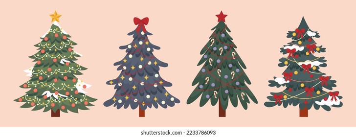 Set of decorated christmas fir trees, pine trees. Colorful retro xmas trees with garlands, light bulb, star. Winter Holiday Symbol for design, greeting card, invitation, banner, web. Flat vector.